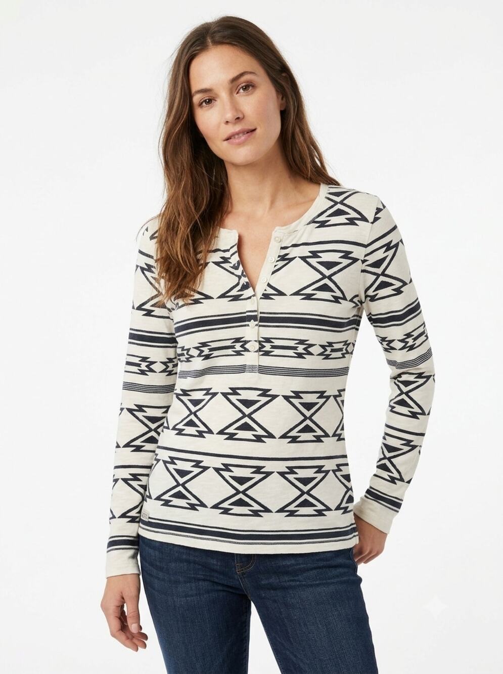 Lauren Ralph Lauren Henley Thermal Top Womens L Ivory Southwestern Waffle Knit